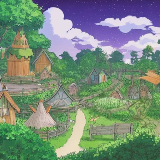 Image similar to a forrest mystical society and village, studio ghibli style