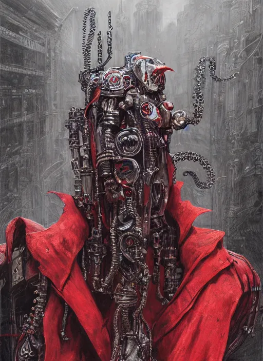 Prompt: portrait of rotten Nicolas Cage as adeptus mechanicus in red hood and robe from Warhammer 40000, mechanical tentacles. Highly detailed, artstation, illustration by and John Blanche and zdislav beksinski and wayne barlowe