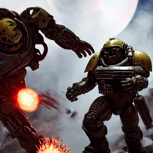 Image similar to Doom Guy vs Space Marine, HD, award winning, 8K cinematic, destruction, asymmetric ground, final battle, complex details, sharp focus, close up