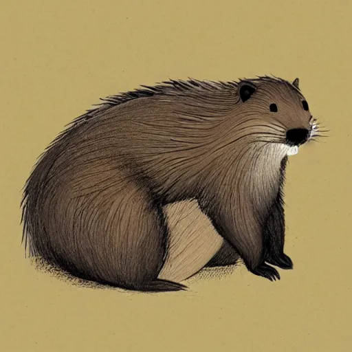 Image similar to a beaver in profile, big tail, fluffy fur drawn concept art