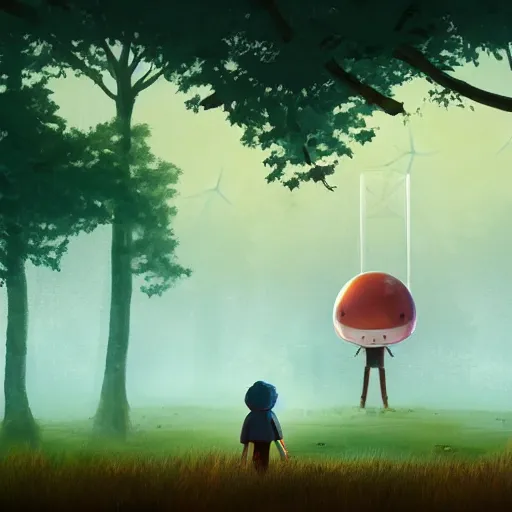 Image similar to It's the autumn, the wind blow the mist on a field, we're close to a forest. A child in a scifi outfit is looking at a big robot while a spaceship is flying above, in the style of Simon Stålenhag