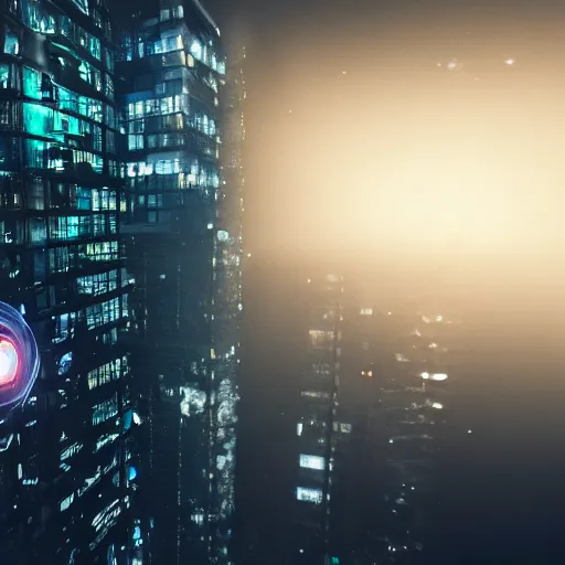 Image similar to A hyperdetailed photograph of a silver suit Iron Man flying through the skies of a cyberpunk, futuristic city, night, dense fog, rain, HD, 8K resolution