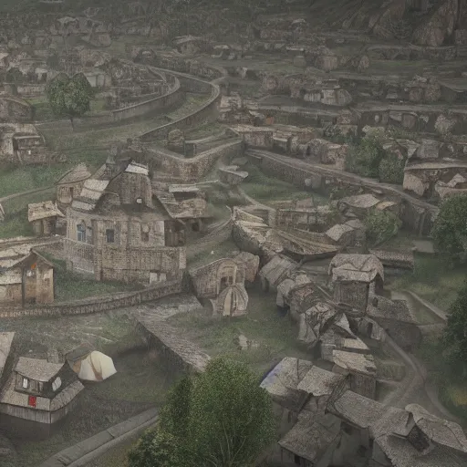 Image similar to the center of a poor medieval town under heavy rain at late night, in a valley, surrounded by mountains, highly detailed, octane render, ultra detailed cinematic, 8 k, widescreen, 1 6 : 9, hd