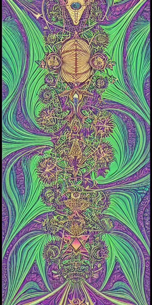 Image similar to a beautiful vaporwave fractal tarot card featuring bold occult imagery with clean lines. haeckel. detailed adult coloring book