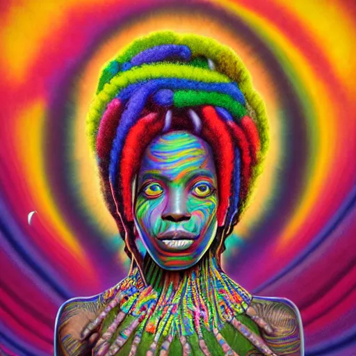 Image similar to a wide angle shot of a black girl with colorful dreadlocks in a field of candy, by Adi granov and afarin sajedi and amanda sage and evgeni gordiets and Agostino Arrivabene and adonna khare in a psychedelic portrait style, ultrarealistic matte painting, volumetric lighting, fractal, extremely symmetrical, highly detailed face, orisha, 8k, hd