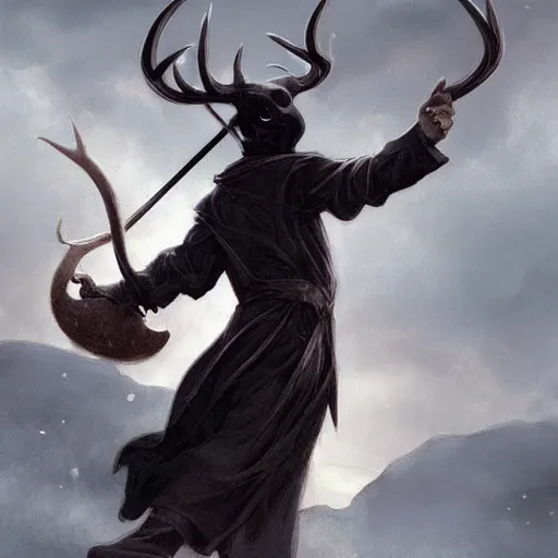 Image similar to ! dream a plague doctor hunting with a bow, with antlers on his head, deep focus, intricate, elegant, highly detailed, digital painting, artstation, concept art, matte, sharp focus, illustration, art by artgerm and greg rutkowski and alphonse mucha