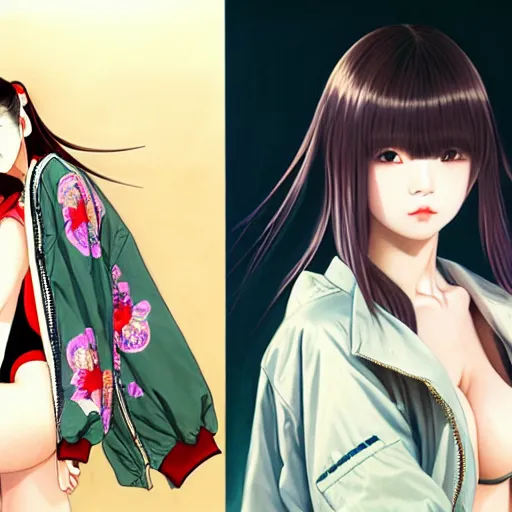 Image similar to a beautiful japanese lalisa alluring gravure model, wearing oversized designer bomber jacket and leotard, bulky poofy bomber jacket with mesoamerican patterns, mesoamerican native street fashion, gapmoe yandere grimdark, trending on pixiv fanbox, painted by greg rutkowski makoto shinkai takashi takeuchi studio ghibli, akihiko yoshida