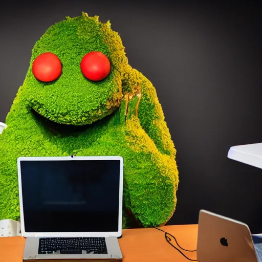 Prompt: a salad monster sits on a monitor inside an office