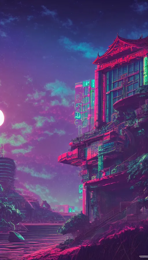 Image similar to reclaimed by nature by moon hoon, darkacademia atlantis cosmic san andreas at dawn neon signs tokyo synthwave universe, archdaily, wallpaper, highly detailed, trending on artstation.