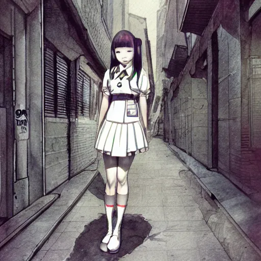 Prompt: a perfect, realistic professional digital sketch of a Japanese schoolgirl posing in a sci-fi alleyway, style of Marvel, full length, by pen and watercolor, by a professional American senior artist on ArtStation, a high-quality hollywood-style sketch, on high-quality paper