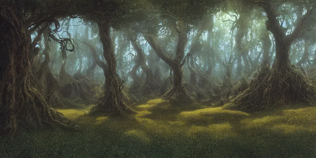 Image similar to Artwork by John Howe of the cinematic view of The Wood of Mirage, a Forest, within which can be found a mucid manor.