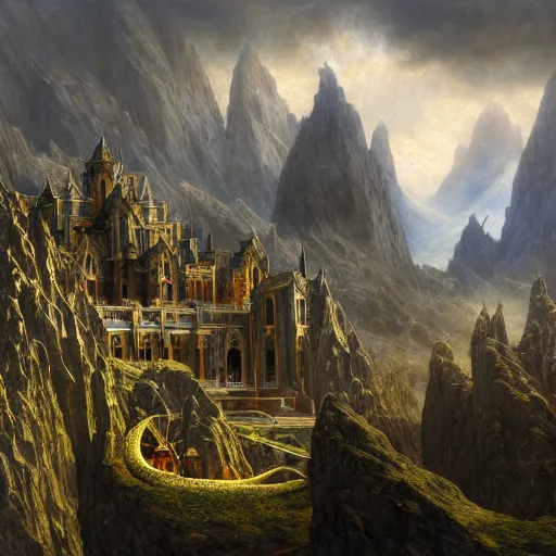 Image similar to a beautiful and highly detailed matte painting of an elven palace carved out of a mountain, celtic knots, epic scale, insanely complex, hyperdetailed, sharp focus, hyperrealism, artstation, cgsociety, 8 k, by caspar friedrich, albert bierstadt, james gurney, brian froud,