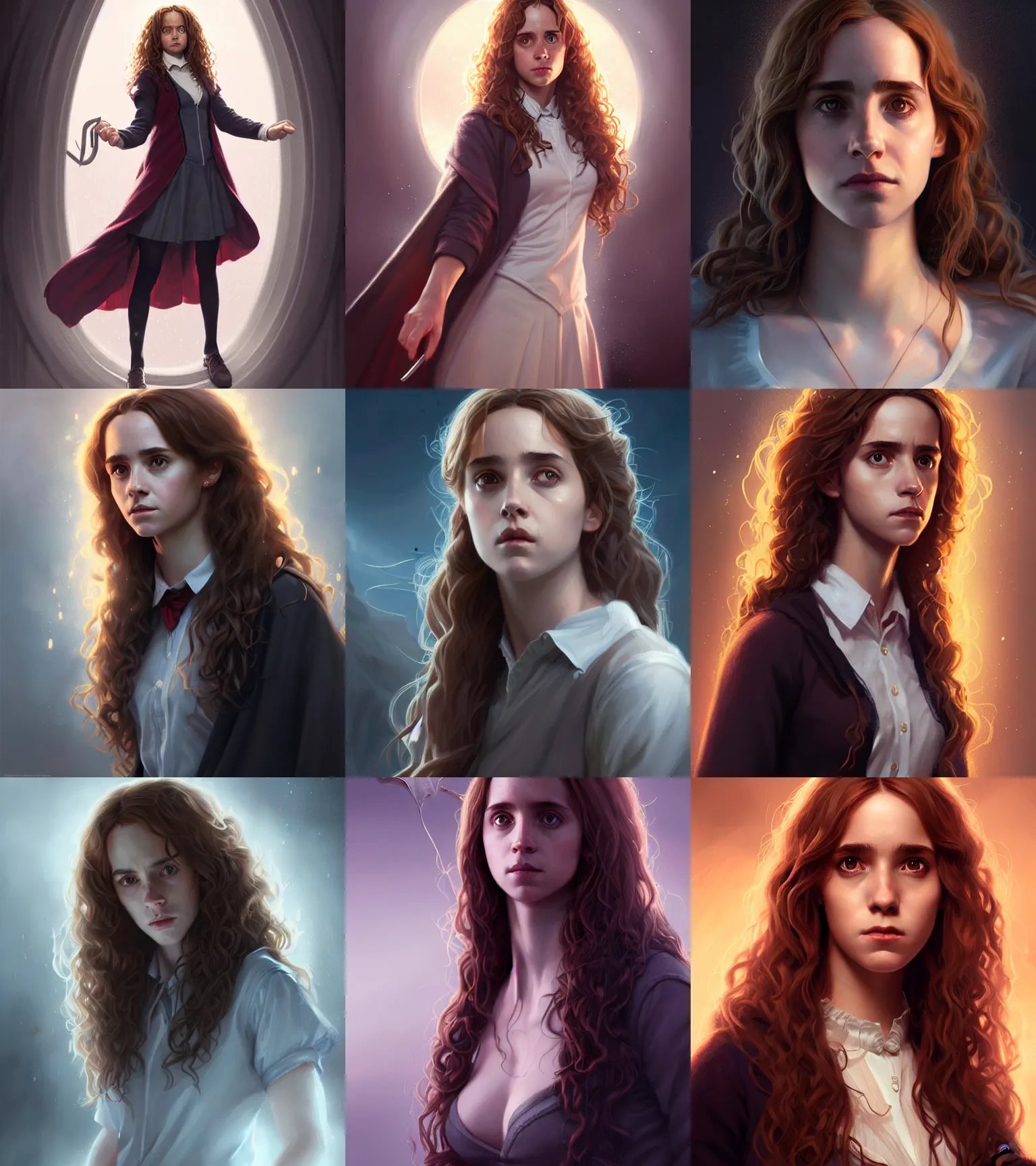 Prompt: alluring portrait of hermione in harry potter, intricate, sensual, full body, highly detailed, digital painting, artstation, concept art, naughty, sharp focus, cinematic lighting, illustration, art by artgerm and greg rutkowski
