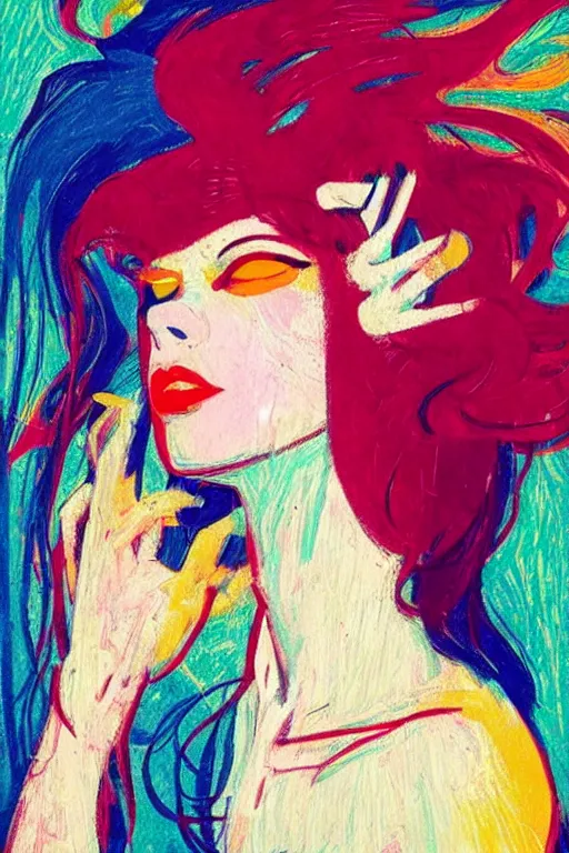 Prompt: 🤤 girl portrait, hair, abstract, rich in details, broken composition, coarse texture, concept art, visible strokes, colorful, art by Kirchner, Gaughan, Caulfield, Aoshima, Earle