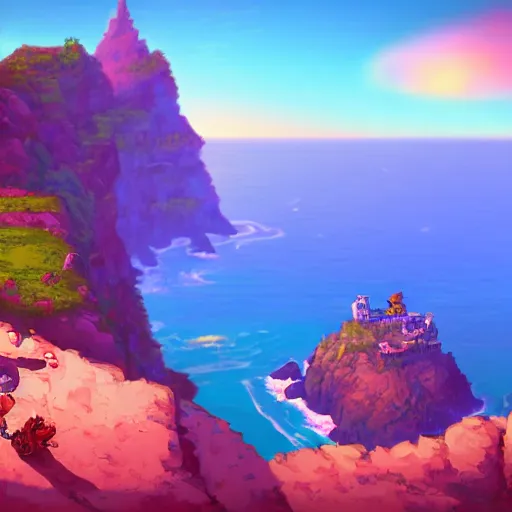 Prompt: a knight rests on a cliff above a cozy and cute seaside village at sunset, dramatic lighting, vivid color, snes screenshot, pixels, trending on artstation