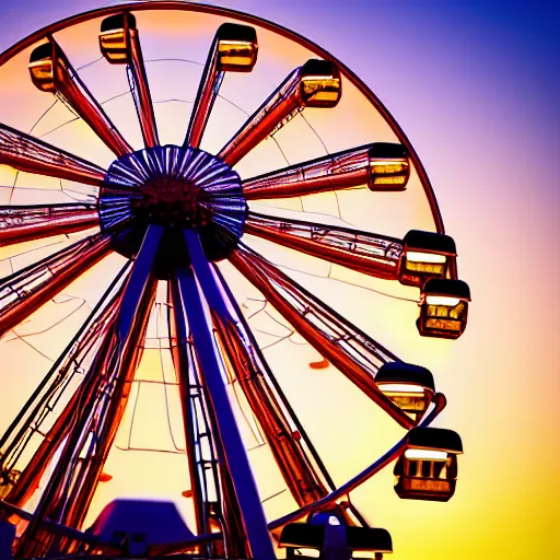 Image similar to ferris wheel at sunrise. neon light, award winning, artstation, intricate details, realistic, volumetric lighting, sun rays beaming, hyperdetailed, 8 k resolution, golden hour, intricate art nouveau, smooth, sharp focus, rendered in unreal engine 3