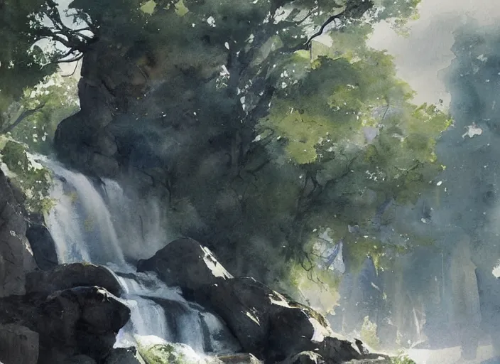 Prompt: abstract watercolor painting of wild waterfall, oak trees, rocky shore, sunshine, rustic stone cabin in horizon, art by anders zorn, wonderful masterpiece by greg rutkowski, very very very very very beautiful cinematic light, american romanticism by greg manchess, creation by tyler edlin