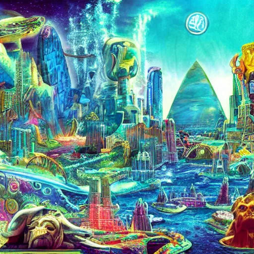 Prompt: city of atlantis, sci fi, colourful, acid trip, cinematic