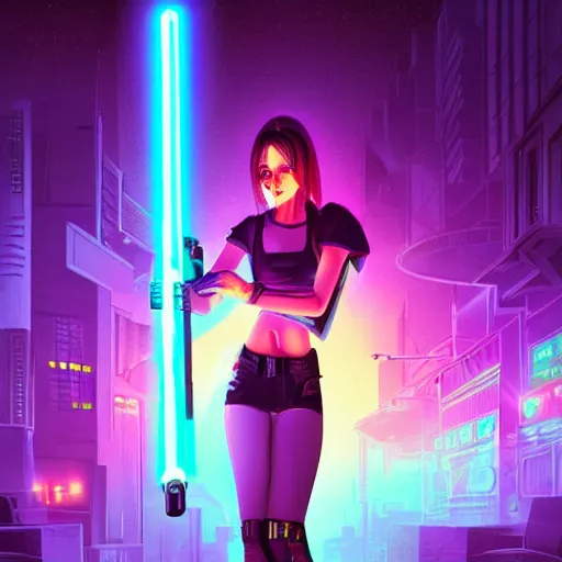 Image similar to a girl with a lightsaber in a neon cyberpunk city at night, art station, digital art, cinematic