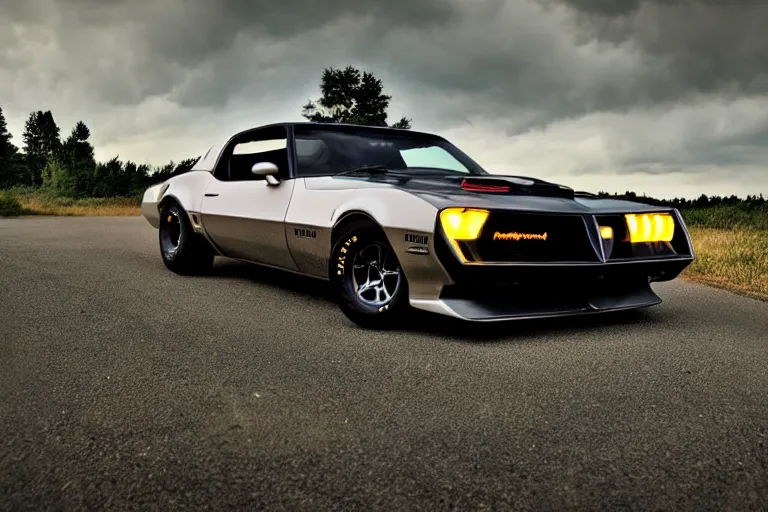 Prompt: pontiac firebird trans - am with black paint, sunrise, eerie light, fireflies, dog watching the car, dramatic, cinematic, forest, horror, sunbeams, volumetric lighting, wide shot, low angle, lightning storm hitting the car, ground cracking open to reveal a portal to hell