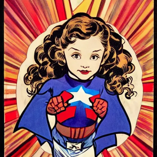 Prompt: a little girl with a mischievous face and light brown curly wavy hair and blue eyes. she is dressed as captain america, spider - man, batman, captain marvel, a superhero. well composed, clean elegant painting, beautiful detailed face. by steve ditko and jack kirby and alphonse mucha