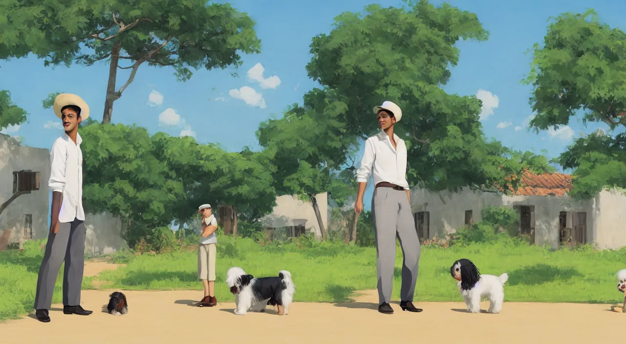 Prompt: a young man wearing a canotier cuban hat, crisp white linen shirt and slacks, leather boots, speaking to a large cream - colored havanese dog, outside a hacienda in cuba, 1 9 0 0, tartakovsky, atey ghailan, goro fujita, studio ghibli, rim light, mid morning lighting, clear focus, very coherent