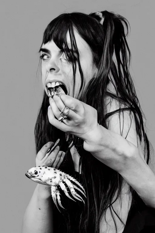 Prompt: black and white photo of Billie eilish with a crustacean crawling out of her mouth