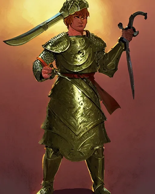 Image similar to beverly toegold the fift, epic level dnd male halfling nature verdant paladin, wielding the golden holy avenger sword, wearing magical gleaming chainmail armor. full character concept art, realistic, high detail digital gouache painting by angus mcbride and michael whelan and jeffrey jones