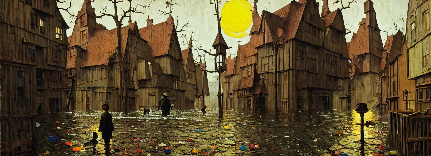 Image similar to flooded old wooden city street, very coherent and colorful high contrast masterpiece by norman rockwell franz sedlacek hieronymus bosch dean ellis simon stalenhag rene magritte gediminas pranckevicius, dark shadows, sunny day, hard lighting, reference sheet white background