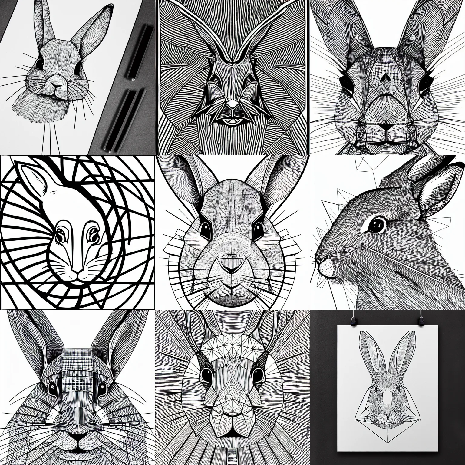 Prompt: geometric line-art drawing, stylized-portrait of a rabbit, half realistic half geometric line-art