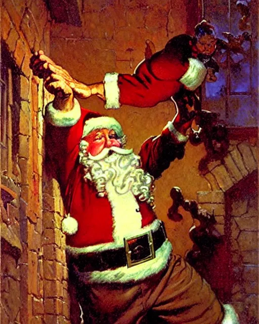 Prompt: muscular santa clause slides down a chimney on christmas eve, night, painting by gaston bussiere, craig mullins, j. c. leyendecker, norman rockwell
