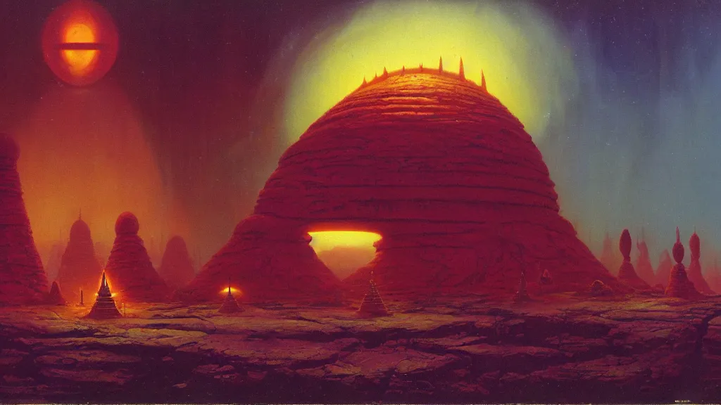 Image similar to mysterious shrine of an alien civilization by paul lehr and john schoenherr, cinematic matte painting