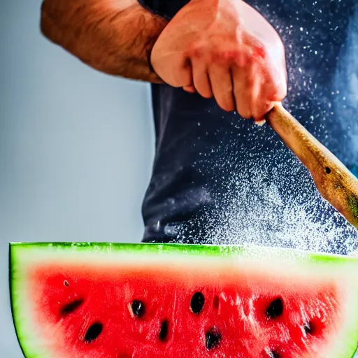 Image similar to watermelon being smashed by a sledgehammer, close up, dslr photo