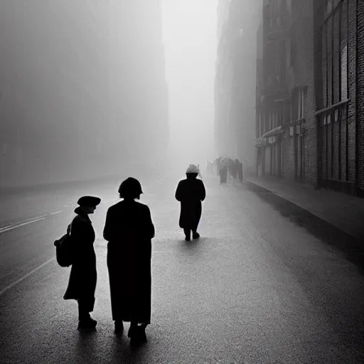 Prompt: people going to their office walking on wide side road,modern san francisco,misty morning with long shadows,fan ho photography