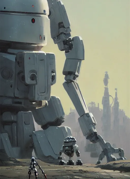 Image similar to an intricate oil painting of a giant pristine white droid mecha with rounded components and tarpaulin cloak by simon stalenhag, by ian mcque inspired by nier : automata, clean white lab background