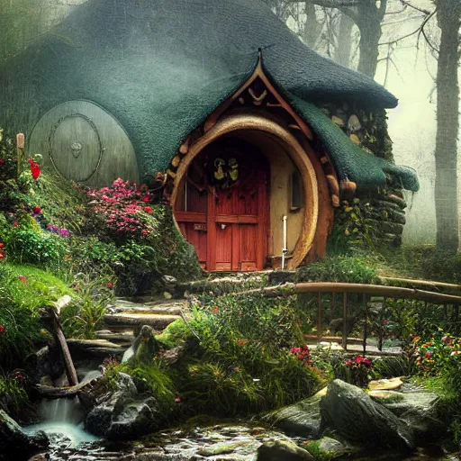 Image similar to hobbit in medieval hobbit house, ornate, beautiful, atmosphere, vibe, mist, smoke, fire, chimney, rain, wet, pristine, puddles, melting, dripping, snow, creek, lush, ice, bridge, forest, roses, flowers, by stanley artgerm lau, greg rutkowski, thomas kindkade, alphonse mucha, loish, norman rockwell