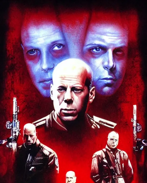 Image similar to bruce willis in 1 2 monkeys, airbrush, drew struzan illustration art, key art, movie poster