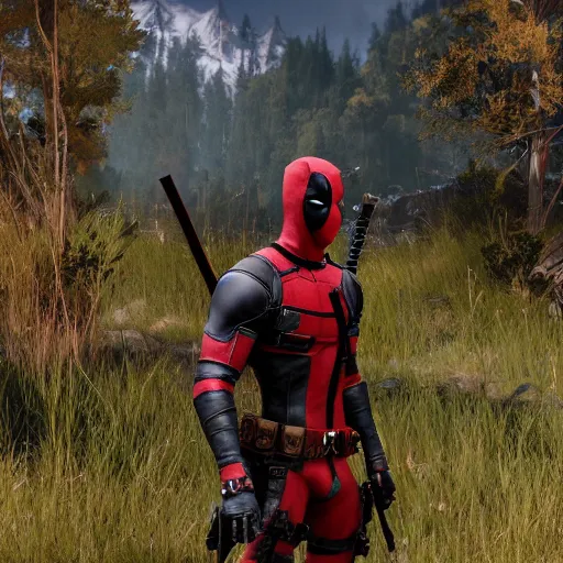 Image similar to deadpool in the witcher 4 k detailed super realistic