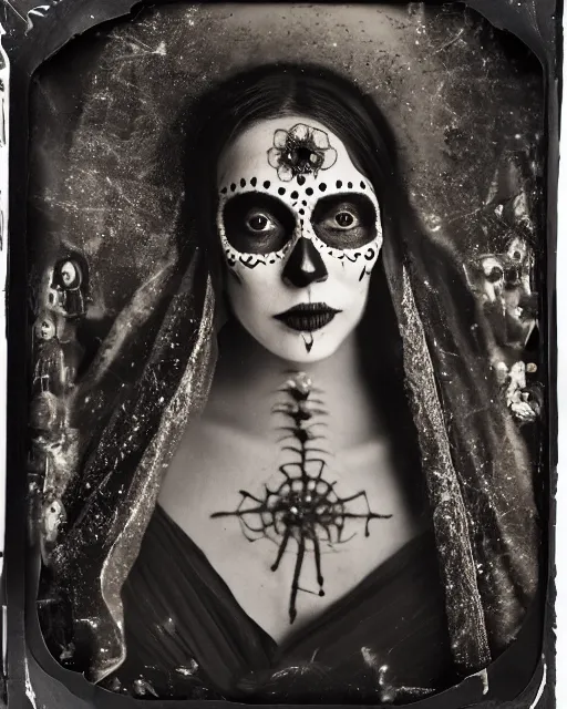 Prompt: tintype virgin mary dressed in dia de muertos makeup high quality photo, microchip, artificial intelligence, bio - mechanical bio - luminescence, black wired cables, neurons, nerve cells, cinematic, rim light, photo - realistic, high detail, 8 k, masterpiece, high fashion, in the style of steven meisel dora maar h. g. giger