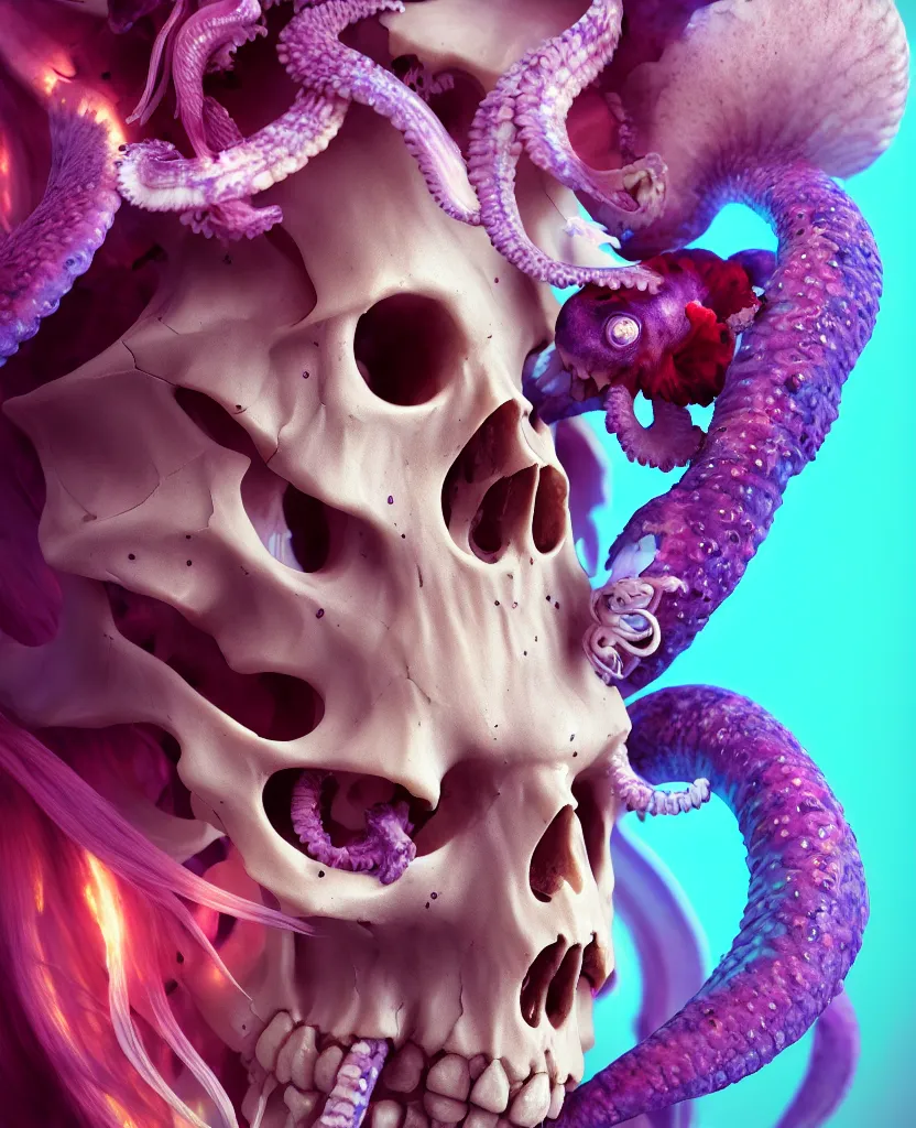 Image similar to goddess close - up portrait human skull, ram skull, squid phoenix jellyfish, orchid, betta fish, bioluminiscent, intricate artwork by tooth wu and wlop and beeple. octane render, trending on artstation, greg rutkowski very coherent symmetrical artwork. cinematic, hyper realism, high detail, octane render, 8 k