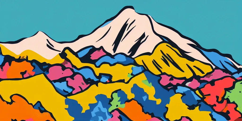 Prompt: pop art illustration of a mountainscape at day