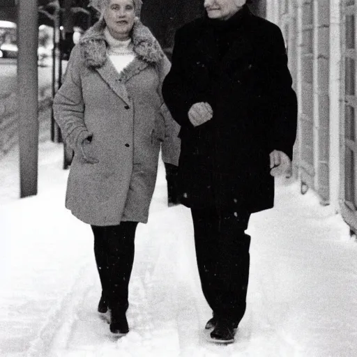 Prompt: Olof Palme and his wife peacefully strolling down Sveavägen in Stockholm a winter evening in 1986