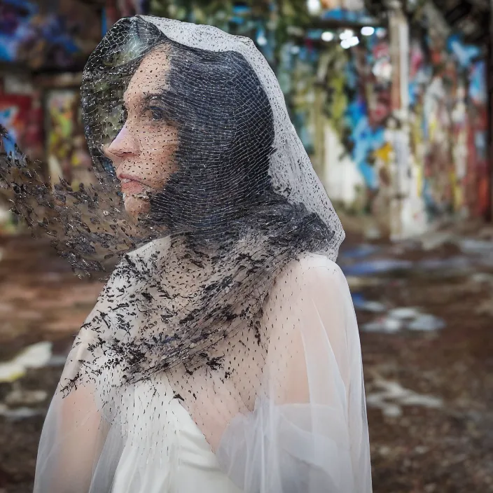 Prompt: a closeup portrait of a woman wearing a veil made of birds, in an abandoned theme park, by omar z. robles, canon eos c 3 0 0, ƒ 1. 8, 3 5 mm, 8 k, medium - format print