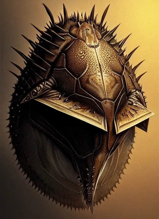 Prompt: anthropomorphic obtuse triangle head in edgy darkiron horseshoe crab, intricate, elegant, highly detailed animal monster, digital painting, artstation, concept art, smooth, sharp focus, illustration, art by artgerm, wayne barlowe, trending on artstation and greg rutkowski and alphonse mucha, 8 k