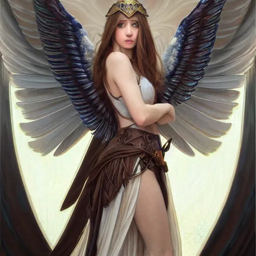 Prompt: portrait of young aasimar angel girl maiden wearing comfy leather armor with beautiful feathered angel wings, brown eyes, by artgerm and greg rutkowski and alphonse mucha and andrei riabovitchev and Rossdraws and Bluesssatan and Mandy Jurgens and Stjepan Sejic, 4k oil on linen, vivid colors, colorful, photorealistic, high dynamic range, HDR, intricate, elegant, highly detailed, digital painting, artstation, concept art, smooth, sharp focus, illustration, mid-shot, medium shot, hyperdetailed