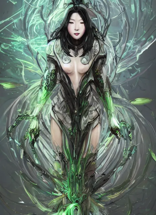 Image similar to portrait of Arden Cho as a everreaching Goddess of despair, a futuristic diety, inside future fighter, sci-fi, fantasy, intricate, lush garden spaceship with sakura season flowers, elegant, human anatomy, royal green and nature light, highly detailed, digital painting, artstation, concept art, smooth, sharp focus, illustration, art by tian zi and WLOP and alphonse mucha, masterpiece, 3d blender, mitch foust, Clyde Caldwell, brom
