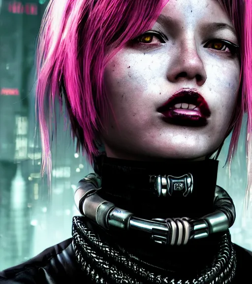 Image similar to detailed realistic female character cyberpunk wearing thick steel collar around neck, realistic, art, beautiful, 4K, collar, choker, collar around neck, punk, artstation, detailed, female, woman, choker, cyberpunk, neon, punk, collar, choker, collar around neck, thick collar, tight around neck, punk, choker