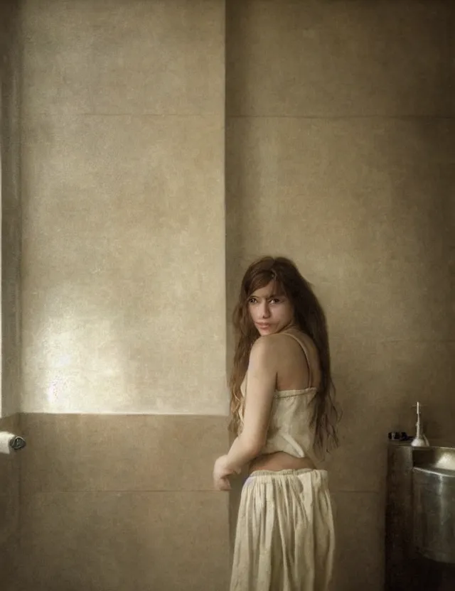 Image similar to portrait of beautiful peasant girl with long hair in a bathroom, minimalistic interior, soviet style, Cinematic focus, Polaroid photo, vintage, neutral colors, soft light, foggy, by Steve Hanks, by Serov Valentin, by lisa yuskavage, by Andrei Tarkovsky 8k render, detailed, oil on canvas