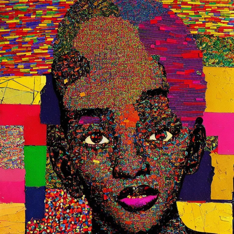 Image similar to beautiful anima girl lost in colors artwork by el anatsui