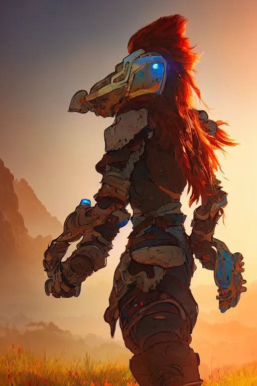 Image similar to combination suit armor aloy horizon forbidden west horizon zero dawn radiating a glowing aura global illumination ray tracing hdr fanart arstation by ian pesty and alena aenami artworks in 4 k tribal robot ninja mask helmet backpack